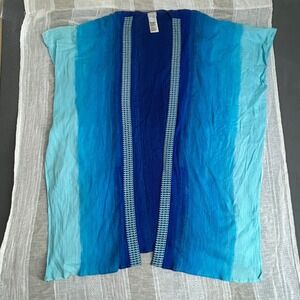 Chicos Kimono Women L/XL Blue Ombre Open Front Embroidered Trim Cover Up Wrap